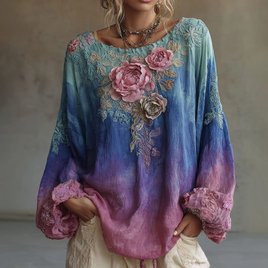 Women's Retro Bohemian Style Floral Embroidered Linen T-shirt