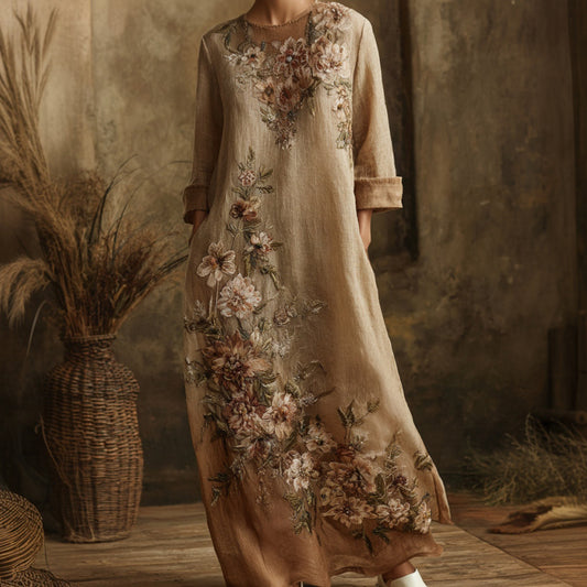 Women's Floral Embroidered Linen Long-sleeved Dress