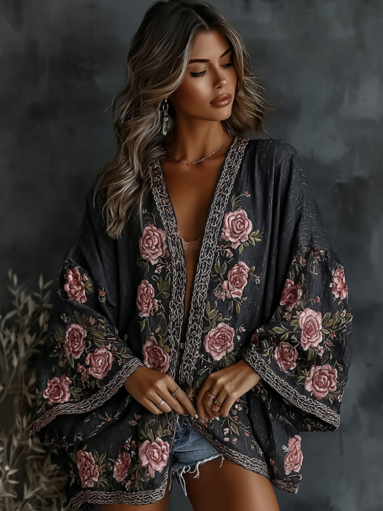 Women's Vintage Spring Floral Roses Embroidered Art Print Flowy Linen Blend Kimono