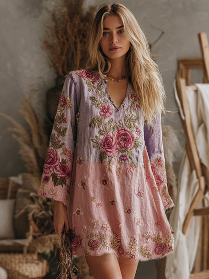 Women's V Neck Boho Classy Gradient Pink Roses Embroidered Art Casual Dress