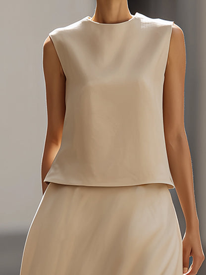 Linen-Blend Sleeveless Top & Midi Skirt Two-Piece Set