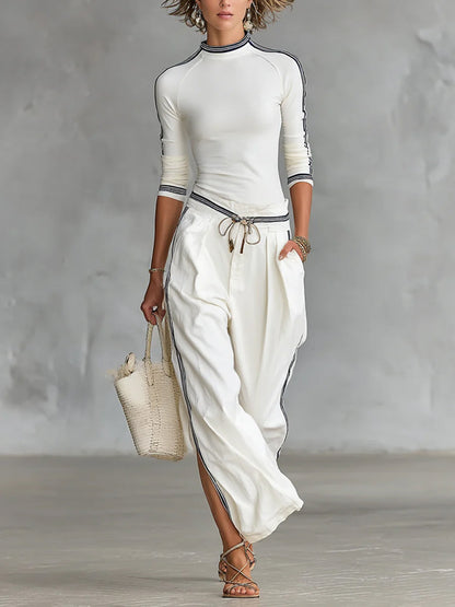 Women’s Cozy Stretch Knit Top And Linen And Cotton Trousers Two-piece Set