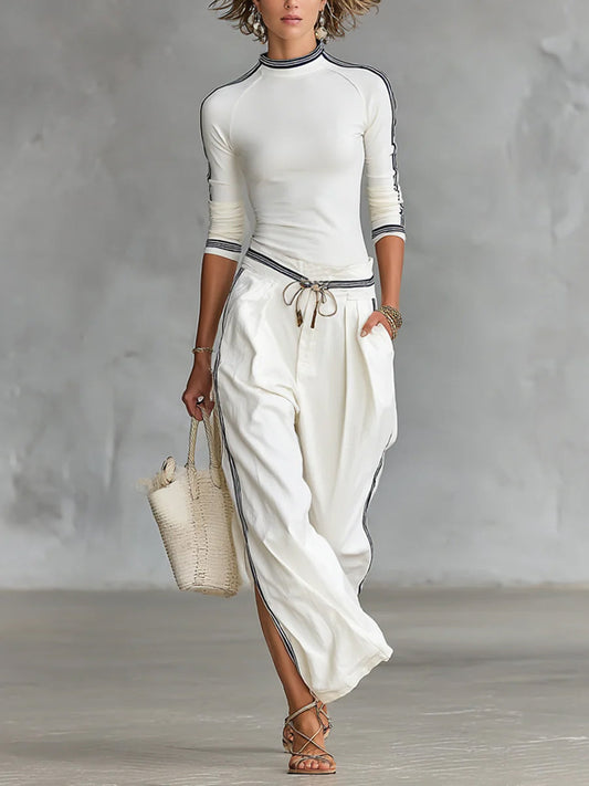 Women’s Cozy Stretch Knit Top And Linen And Cotton Trousers Two-piece Set