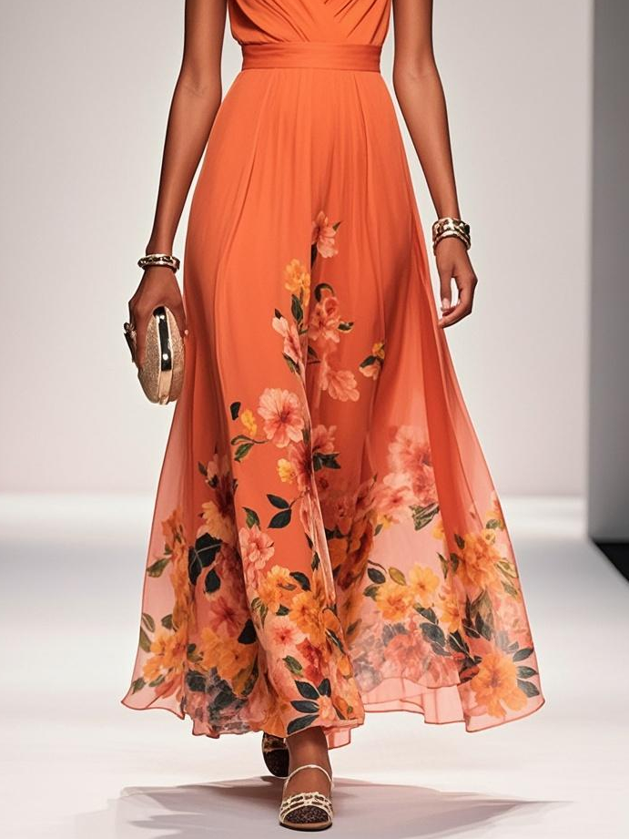 Orange Floral Chiffon V Neck Sleeveless A-Line Maxi Dress