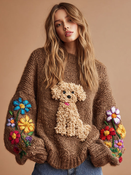 Vintage Fuzzy Dog Colorful Wildflower Embroidery Crochet Cozy Knit Sweater