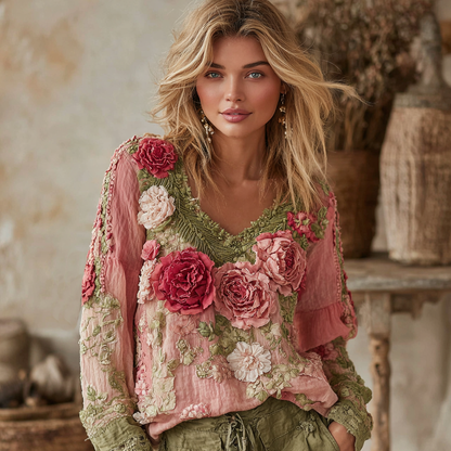 Women's Vintage Floral Art V-neck Shirt 3f1a