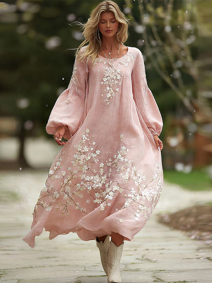 Women's Bohemian Cherry Blossom Pattern Casual Round Neck Long Sleeve Dress