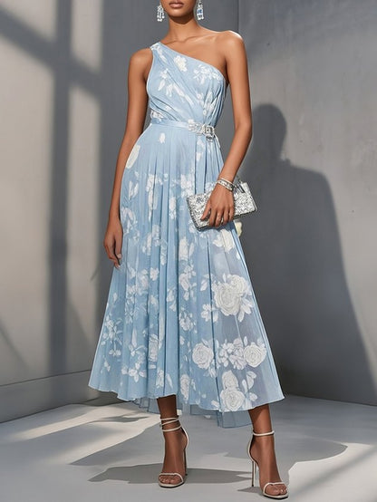 Light Blue Floral Ruched Classic One Shoulder Sleeveless A-Line Midi Dress