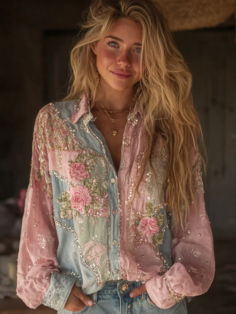 Women's Pink Rose Embroidered Denim Patchwork Linen Shirt