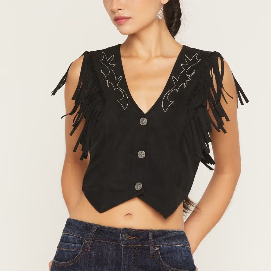 Faux Suede Fringe Sleeveless Crop Top With Embroidery And Button Closure