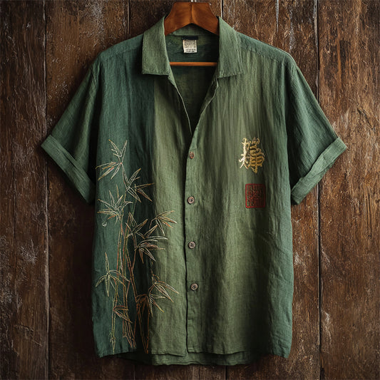 Japanese Bamboo Embroidered Colorblock Linen Shirt