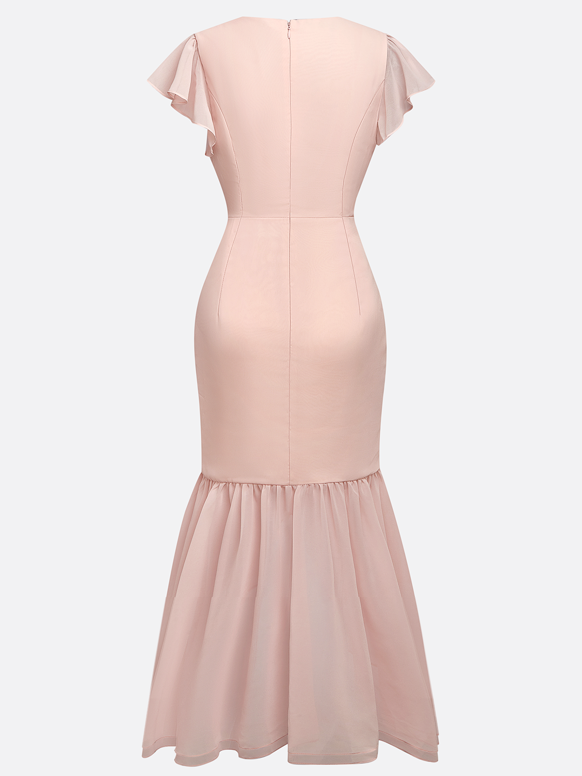 Pink Shirred Ruched Chiffon Lotus Leaf Collar Cap Sleeve Ruffle Sleeve Mermaid Midi Dress