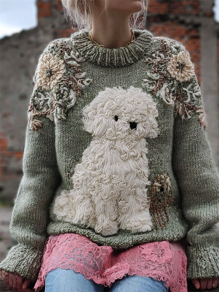 Vintage Lovely Fuzzy Dog Floral Beaded Cozy Knit Sweater