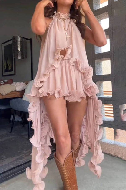 Delicate Romantic Drama Chiffon Wavy Ruffles Elastic Waist Loose Shorts