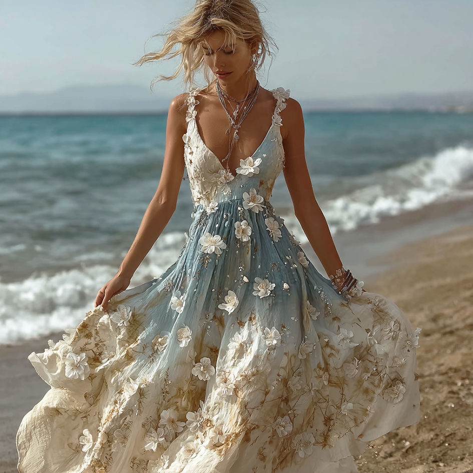 Bohemian Style Plant Flower Gradient Color Long Dress