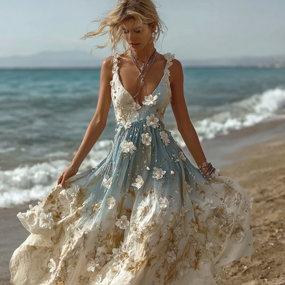 Bohemian Style Plant Flower Gradient Color Long Dress