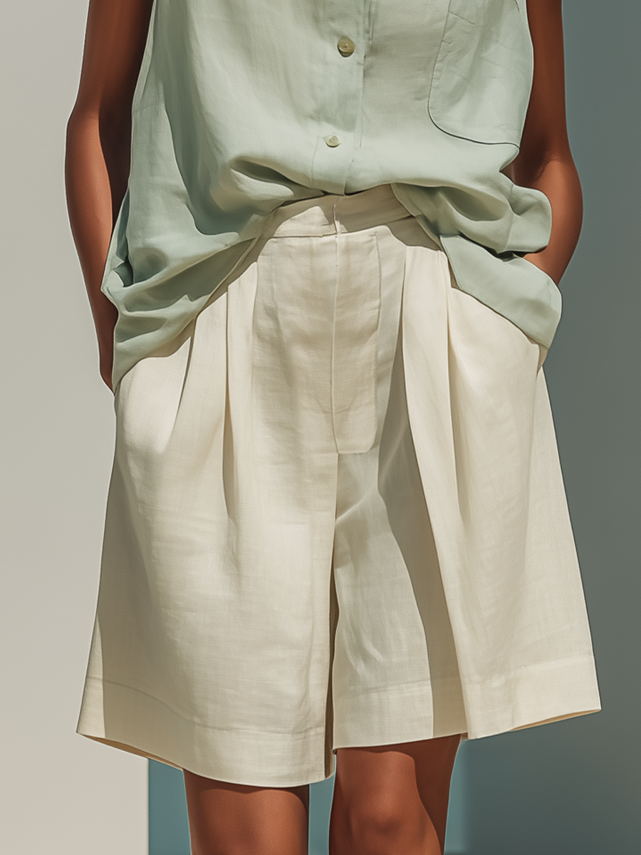 Women’s Mint Green Sleeveless Stand-Collar Linen Shirt & Beige Pleated Wide-Leg Shorts Two-Piece Set MDZ2848D9T