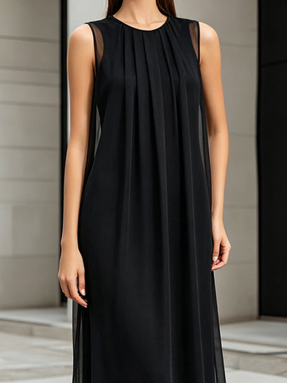 Layered Sheer Panel Pleated Sleeveless Midi Dress