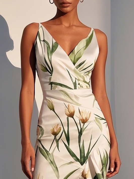 Off White V Neck Floral Mermaid Midi Satin Dress