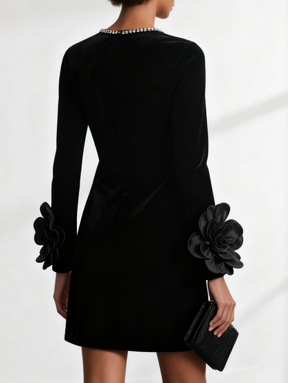 Black 3D Floral Rhinestone Velvet Crew Neck Long Sleeve Sheath Mini Dress