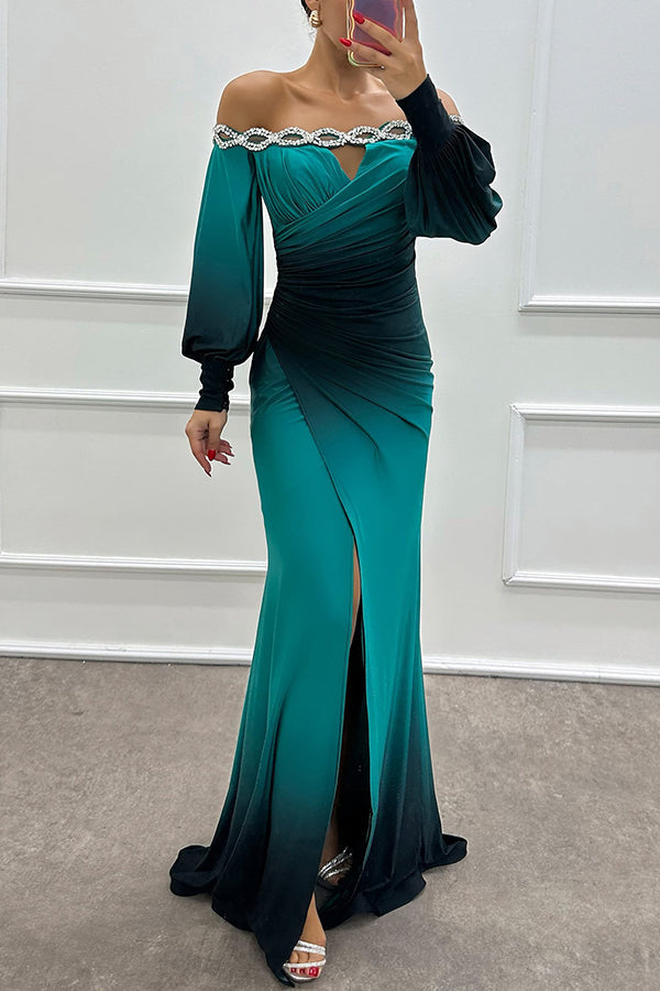 Gradient Print Boat Neck Off Shoulder Gem Detail Slit Gown Maxi Dress