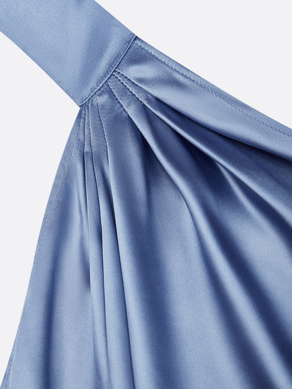 Blue Short Sleeve Satin A-Line Tie Waist Midi Dress