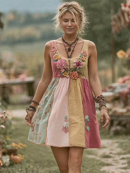 Women's Vintage Bohemian Floral Panel Sleeveless Dress
