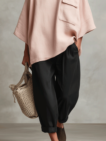 Women's Dusty Pink Woven Poncho Top with Cowl Neck & Patch Pocket, Modern Effortless-Chic Pullover MDA2221I1I