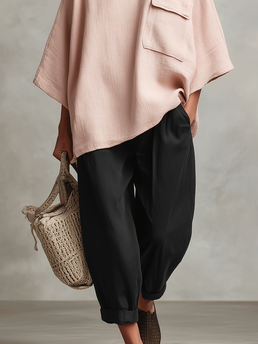 Women's Dusty Pink Woven Poncho Top with Cowl Neck & Patch Pocket, Modern Effortless-Chic Pullover MDA2221I1I