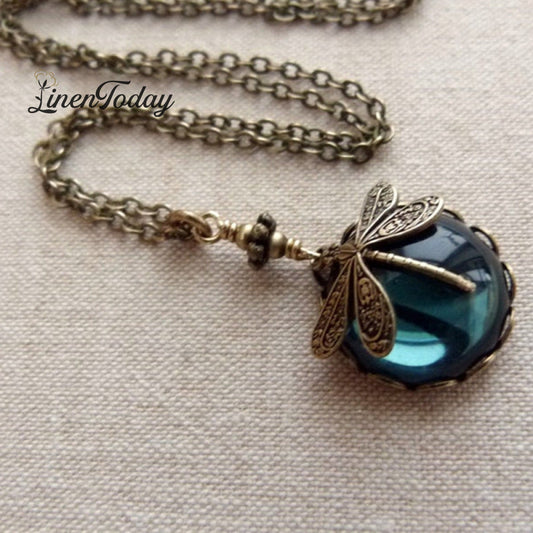 Vintage Dragonfly Green Crystal Boho Jewelry Necklace