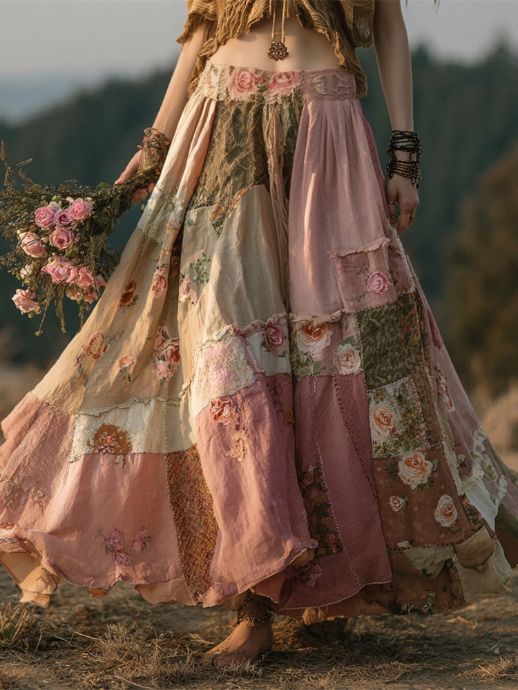 Vintage Boho Floral Patchwork Art Women's Flowing Maxi Dress