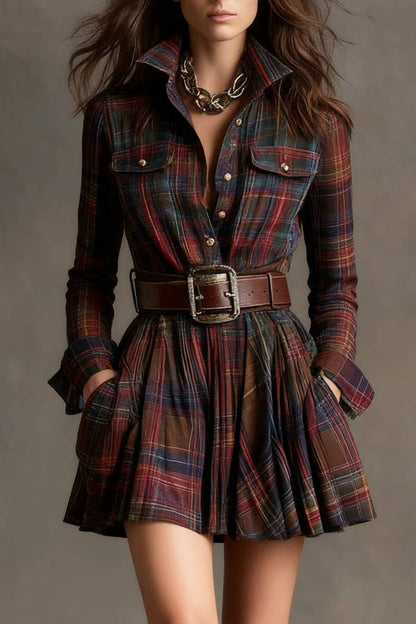 Vintage Lapel Red and Brown Plaid Mini Dress