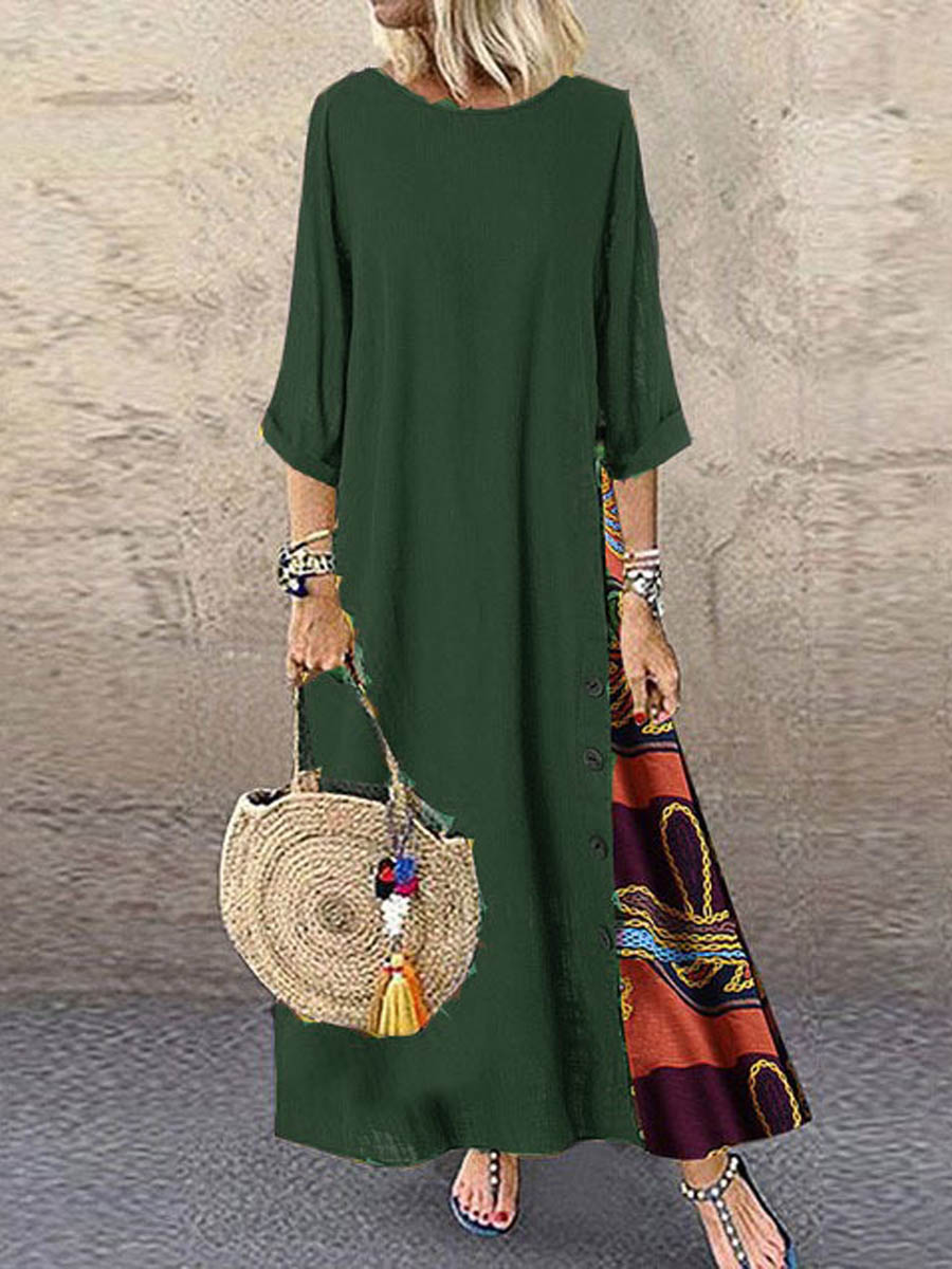 Women's Retro Floral Contrast Button Patchwork Cotton And Linen Casual Dress