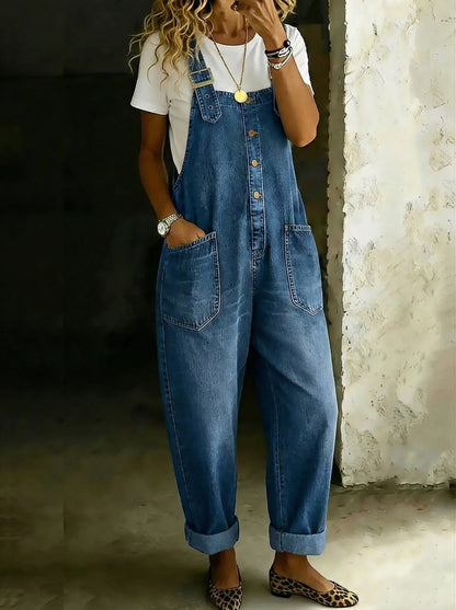 Women's Retro Casual Denim Jumpsuit With Adjustable Buckle