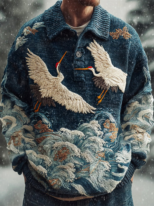 Men's Japanese Crane & Ocean Wave Knit Polo Neck Sweater