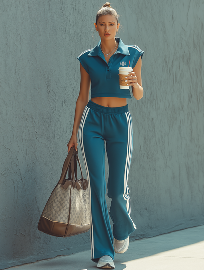 Women's Sporty-Casual Set: Sleeveless Collared Cropped Sweatshirt & Flared Pants MDZ1606D7Y