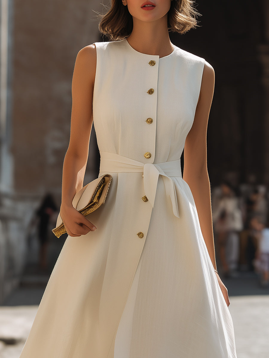 Sleeveless Button-Front Wrap-Style Midi Dress With Tie Waist