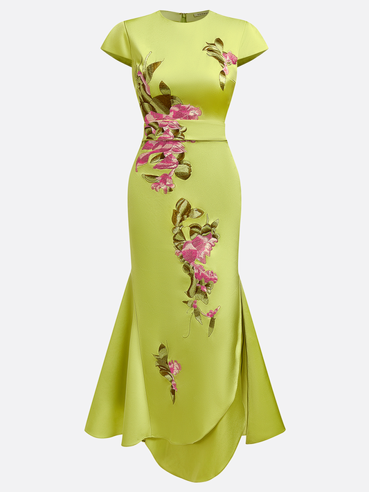 Green Satin Floral Embroidery Cap Sleeve Slit Sheath Maxi Dress