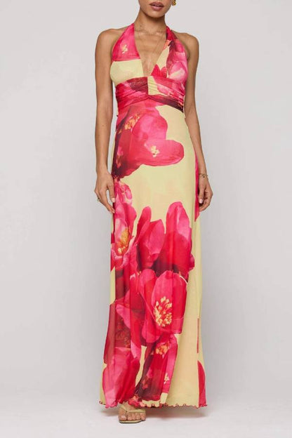 Halter-Neck Deep V Backless Printed Maxi Dress
