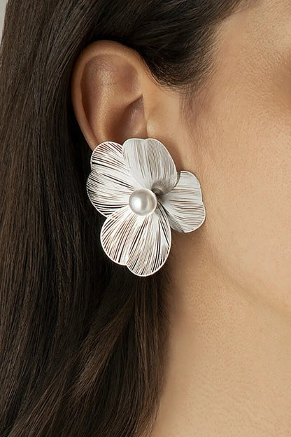 Faux Pearl Decor Oversize Floral Alloy Stud Earrings