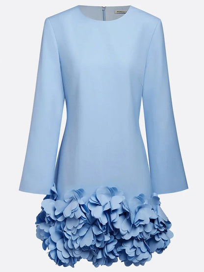 Pink 3D Floral Classic Crew Neck Bell Long Sleeve Shift Mini Dress