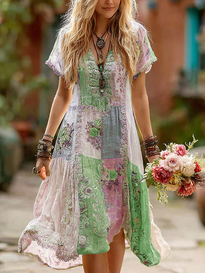 Women's Retro Floral Splicing Cotton And Linen Long Dress eab6