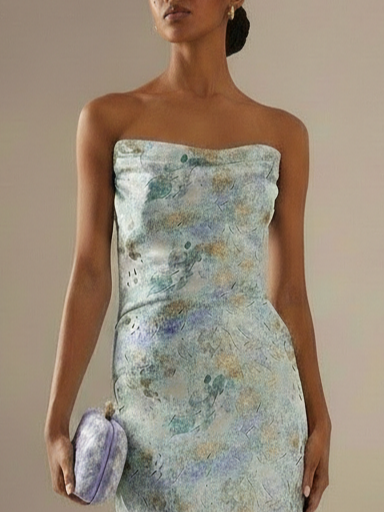 Light Blue Floral Jacquard Satin Strapless Sleeveless Sheath Floor Length Dress