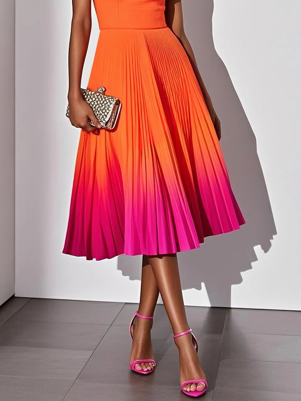 Orange Ombre Pleated Classic Square Neck Sleeveless A-Line Midi Dress