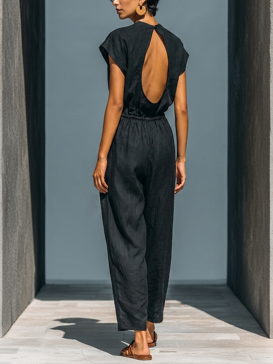 Women’s Black Linen-Blend Round Neck Cap Sleeve Drawstring Waist Backless Wide-Leg Jumpsuit MDZ2209D3T