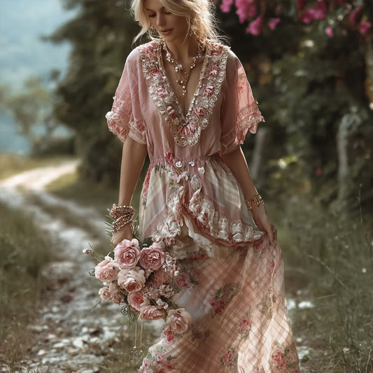 Boh¨¨me Style Retro Patchwork Plaid Skirt Rose Embroidery V-neck Dress