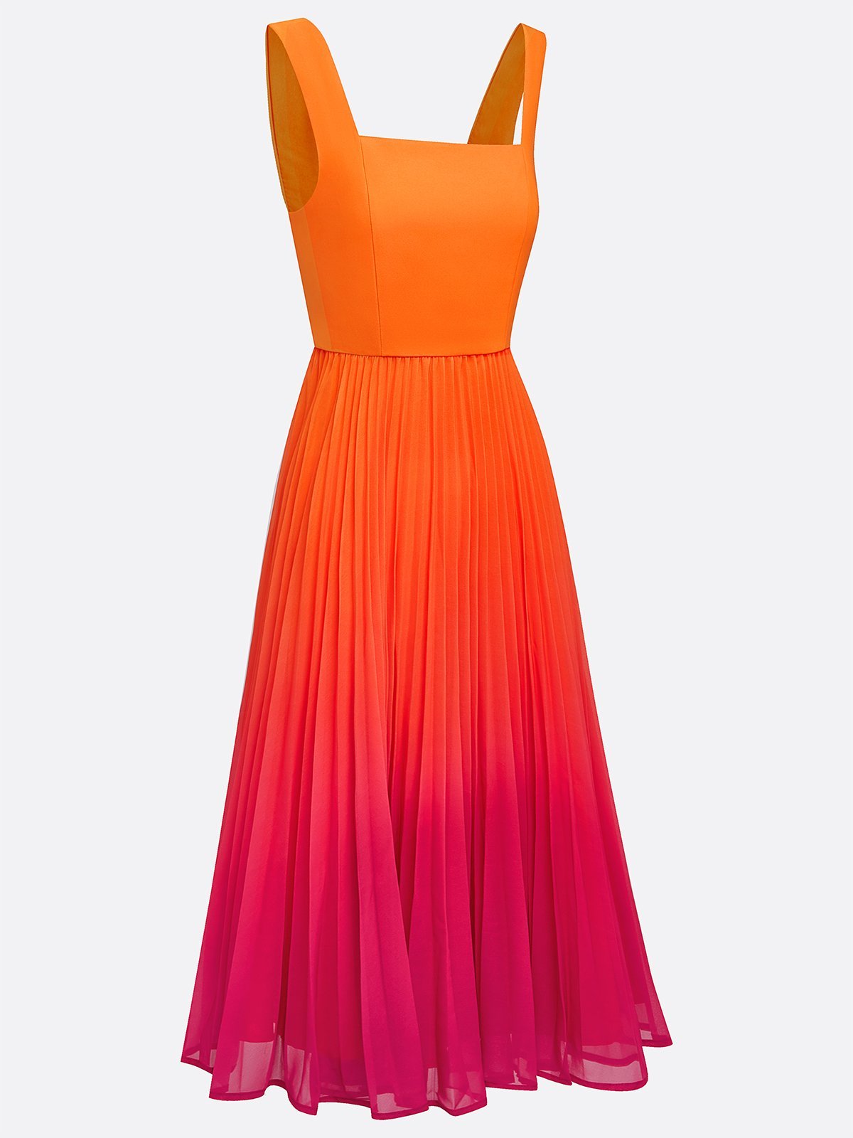 Orange Ombre Pleated Classic Square Neck Sleeveless A-Line Midi Dress