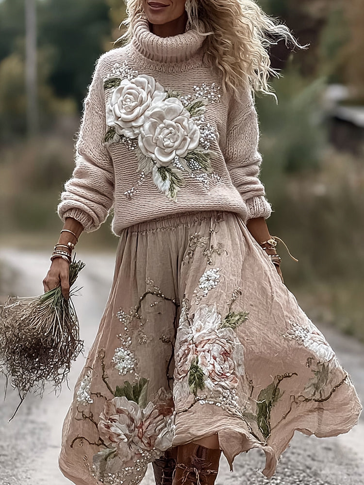 Vintage Rose In Pink Art Cozy Knit Turtleneck Sweater And Linen Skirt Two-piece Set