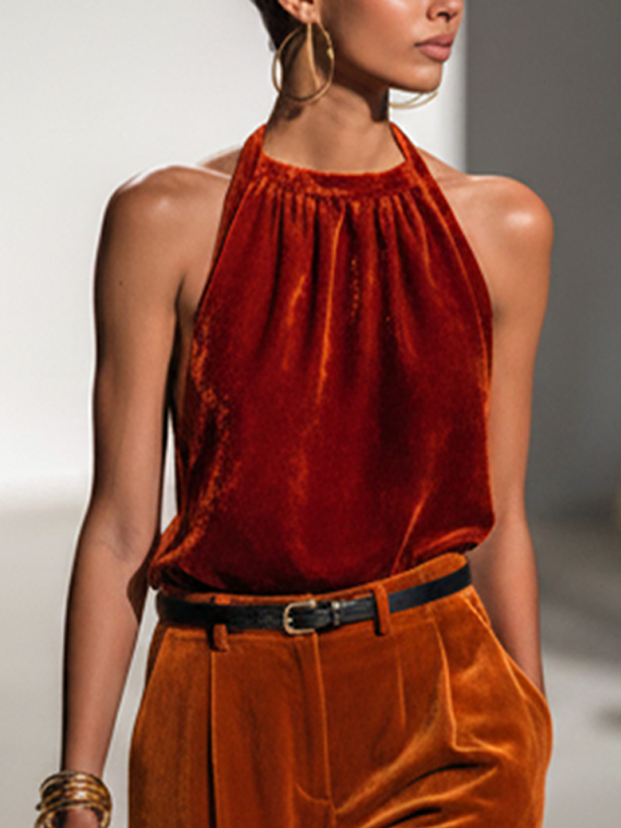 Women’s Fashionable Red Velvet Halter Neck Sleeveless Top And Orange Velvet Slim Waist Wide-Leg Pants Set(Waist Belt Not Included) MDZ1780D8GMJ