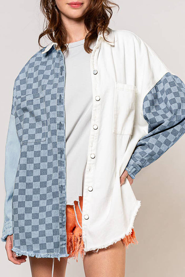 Check Panel Fringe Denim Jacket